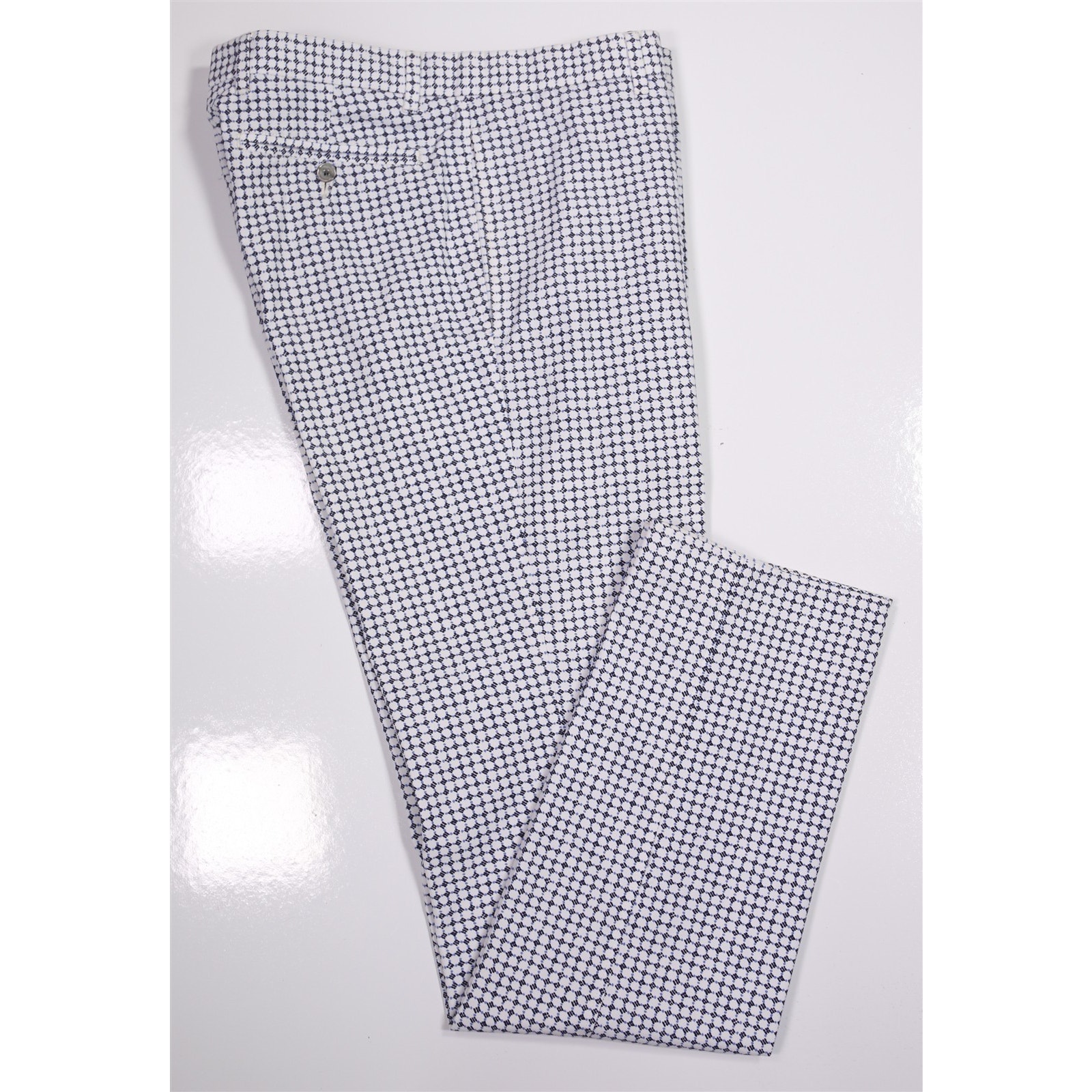 Piombo White Blue Geometric Print Flat Front Dress Pants Made In Italy 32x33